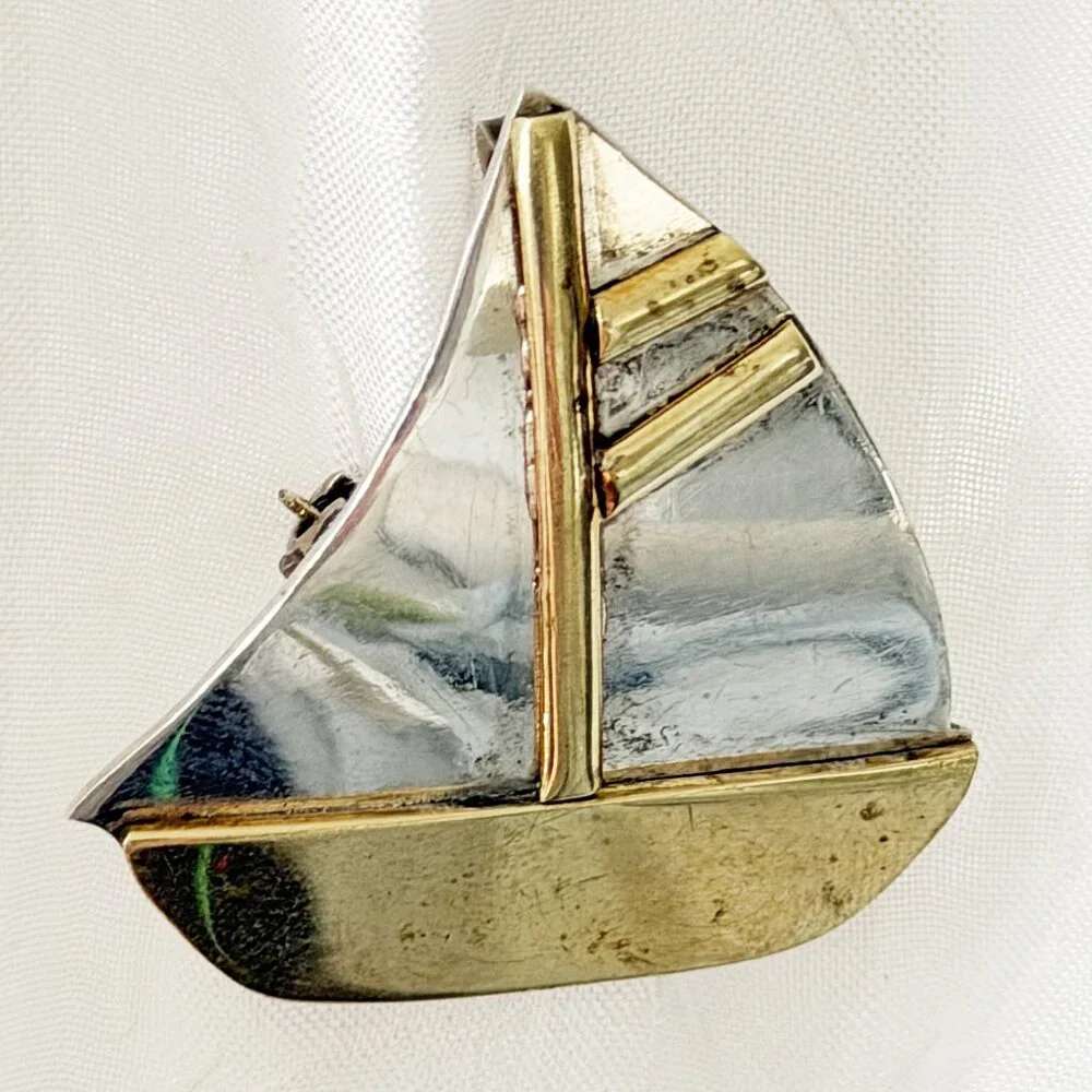Sterling Silver 925 & Brass Sailboat Pin Pendant Vintage Mixed Metal